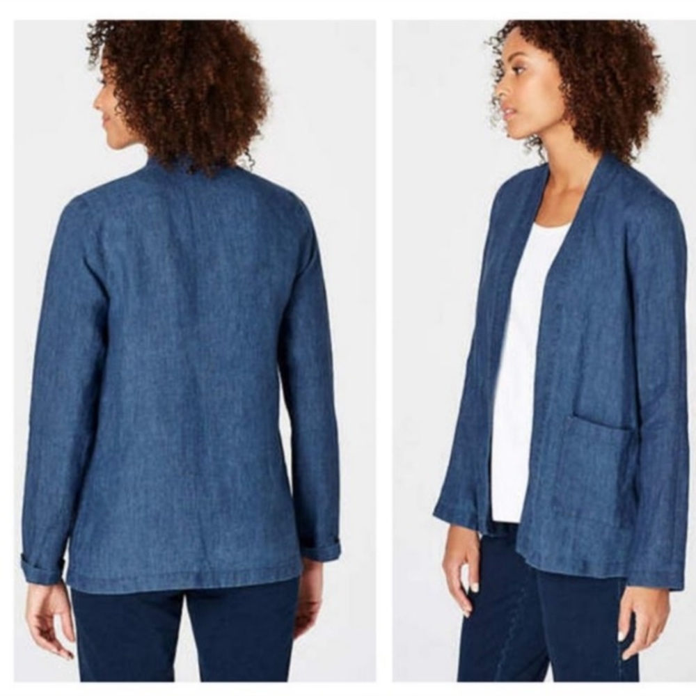 J JILL Pure Jill Indigo Linen Lagenlook Open Front Jacket With Pockets Sz L